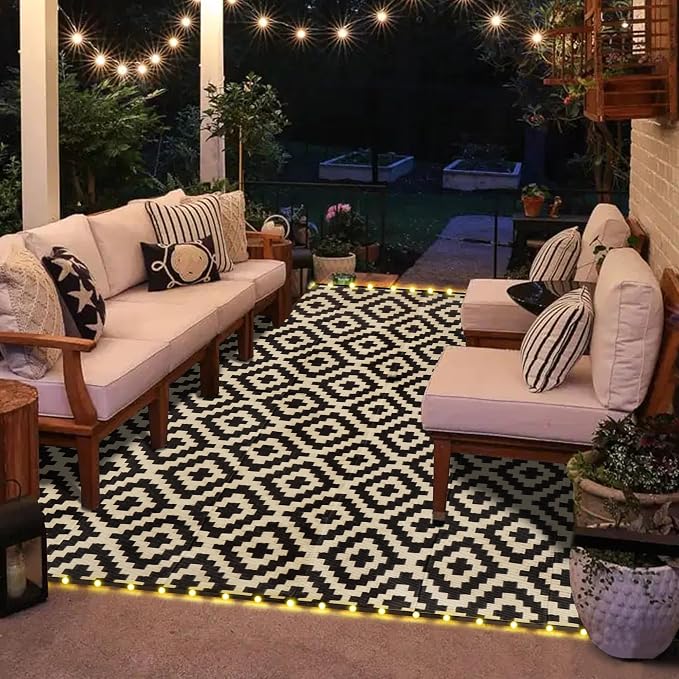 SAND MINE Reversible Mats with Led Strip Lights, Plastic Straw Rug, Modern Area Rug, Large Floor Mat for Outdoors, Patio, Backyard, Deck, Picnic, Camping, Black & Beige, 8' x 10'