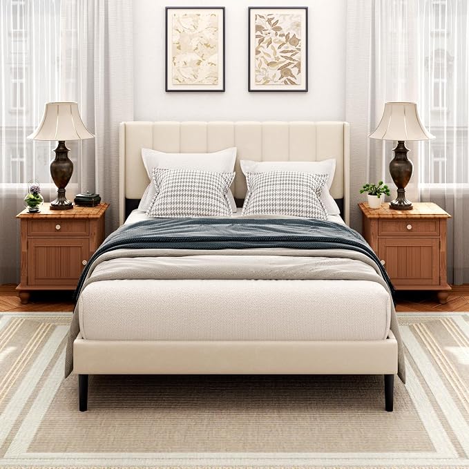 Sismplly Full Size Bed Frame with Headboard,Vertical Channel Tufted Wingback No Box Spring Needed, Mattress Foundation, Easy Assembly, Beige