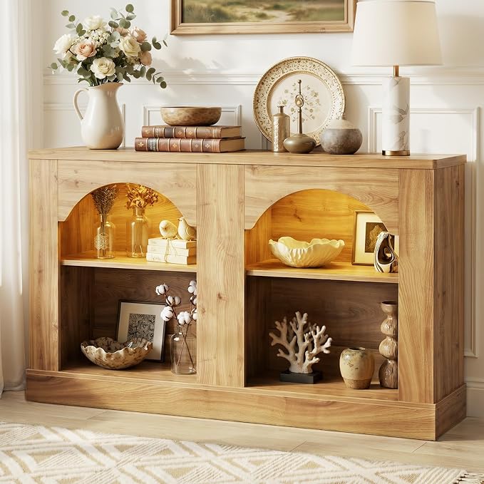 Arched Entryway Table with LED Lights, 47" Farmhouse Console Table with Adjustable Shelves, Sofa Table Behind Couch, Sideboard Buffet Storage Cabinet for Entrance/Hallway/Living Room, Natural Oak