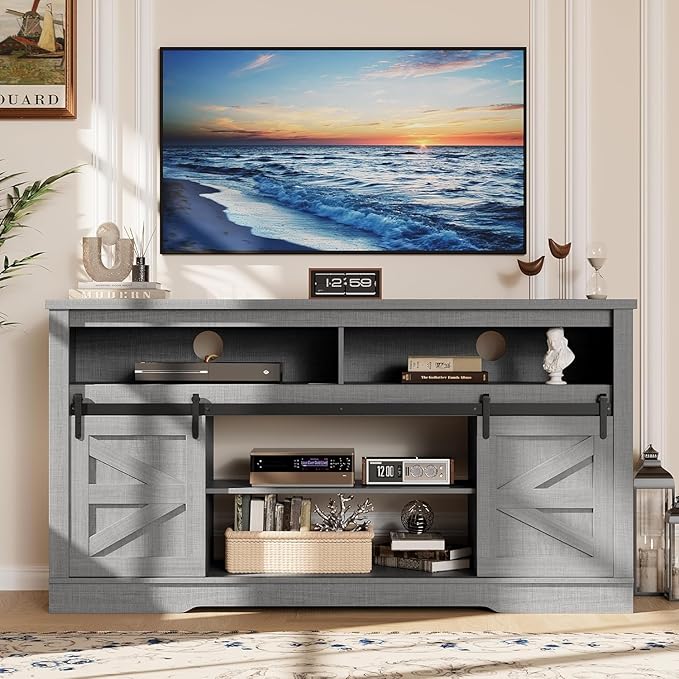 YESHOMY Fireplace TV Stand for Television up to 65+ Inch with Storage and Farmhouse Sliding Barn Doors, Entertainment Center with Cabinet and Shelves, Media Console for Living Room,Gray