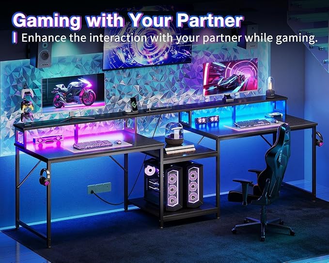 Casaottima 98 Inch 2 Person Gaming Desk with Storage Shelves, Long Double Home Office Computer Writing Desks with USB Charging Port & LED Lights, Monitor Stand, Modern Study/Work Table,Black
