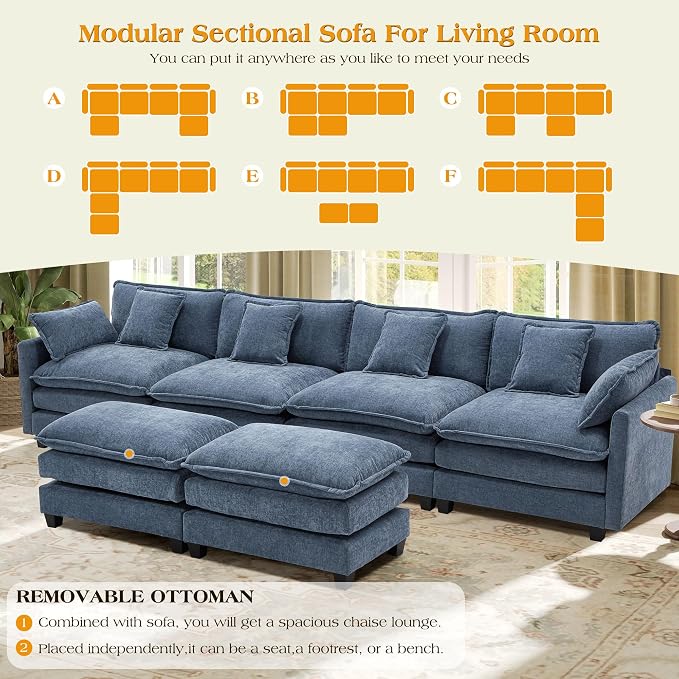 149.2" Modular Sectional Sofa,Cloud Couch for Living Room, Modern Deep Seat Sofa 4 Seater Chenille Fabric Comfy Couches with Throw Pillows & Ottoman for Apartment