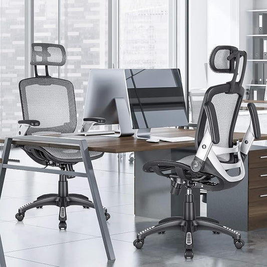 GABRYLLY Ergonomic Office Chair, High Back Home Desk Chair with Headrest, Flip-Up Arms, 90-120° Tilt Lock and Wide Cushion, Big and Tall Mesh Chairs for Man Woman, Grey Task Chair