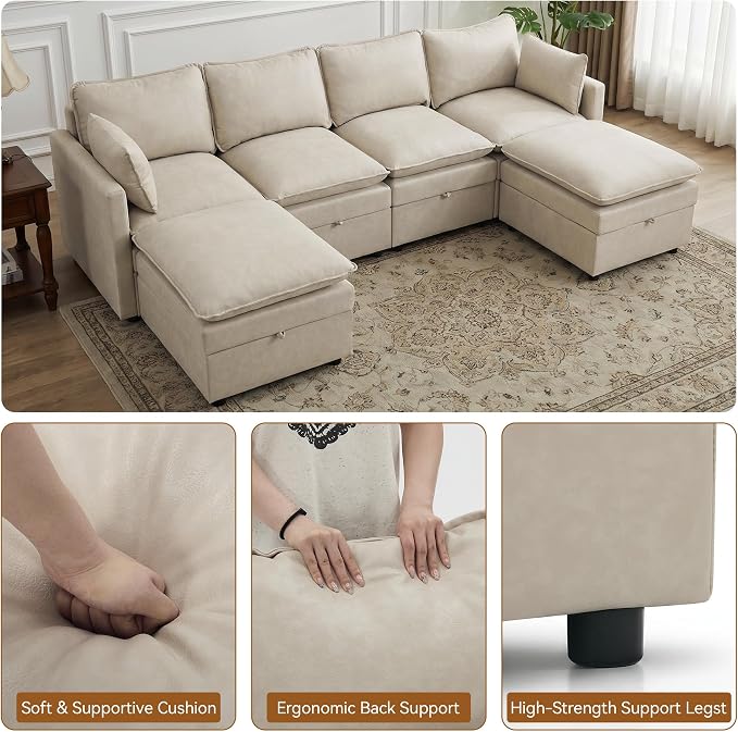 105" Beige Faux Leather Storage 4 Seater Sofa with 2 Ottomans, Comfy Couch | Convertible Modular Sectional Sofa, U Shaped Oversized Couch, Upholstered Large Cloud Couch For Living Room, Apartment.
