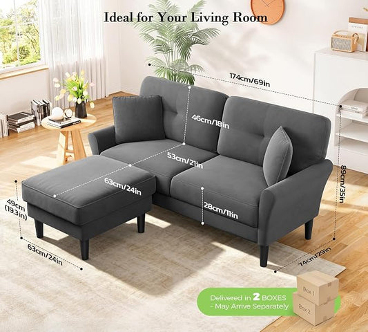 Kidirect Small Sectional Couch, 69" L Shaped Couch, Sectional Sofa, Grey | Comfy Velvet Couch, Tool-Free Setup, 750lb Max Load, Movable Ottoman, Ideal for Living Room, Bedroom, Apartment, Office