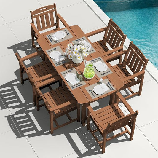 Outdoor Rectangle Dining Table, Heavy-Duty HDPE Table for 6, Weatherproof Patio Table with Umbrella Hole, Rounded Corners for Safety, Teak
