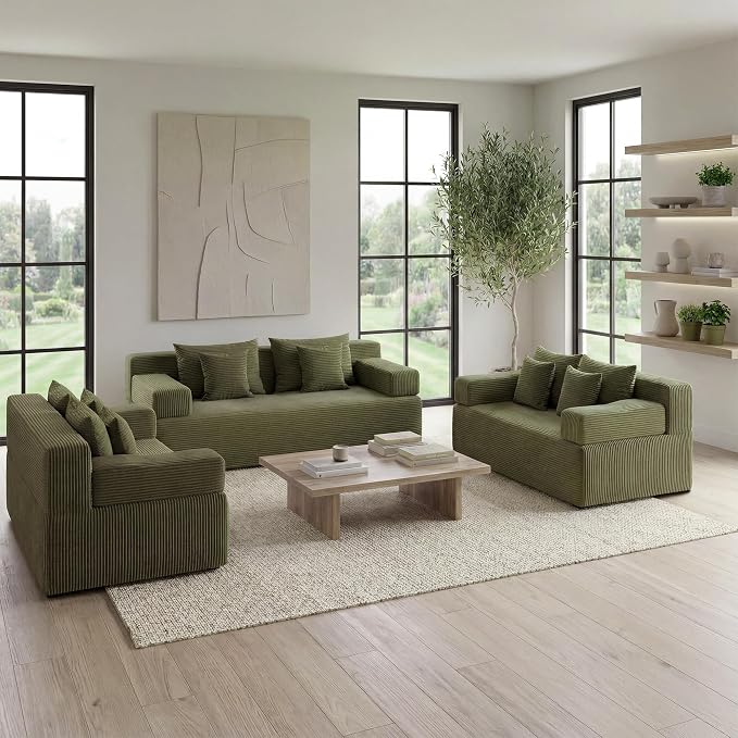MONVANE 3-Piece Boneless Loveseat Couch Set for Living Room, Oversized Modular Sectional Sofa Set with Removable Armrests, Comfy Corduroy Cloud Couch with 12 Pillows, No Assembly Required, Green