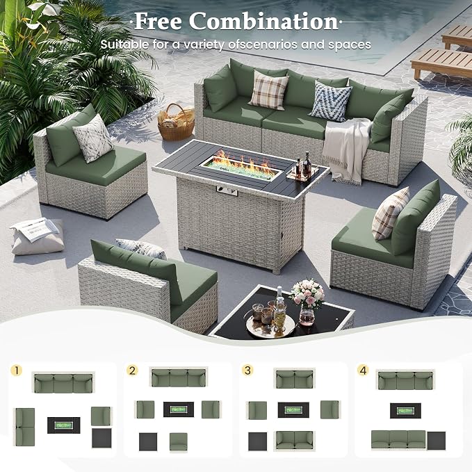 UDPATIO Patio Furniture Set with Fire Pit Table, 8 Pcs Outdoor Sectional Sofa, PE Wicker Patio Conversation Set for Garden, Backyard (Green Cushions with Light Grey Rattan)