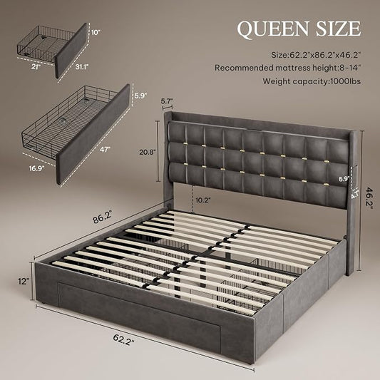 YITAHOME Queen Size Bed Frame with 3 Storage Drawers and RGB LED Lights, Velvet Upholstered Bed with Charging Station and Storage Headboard, No Box Spring Needed, Easy Assembly, Noise-Free, Grey