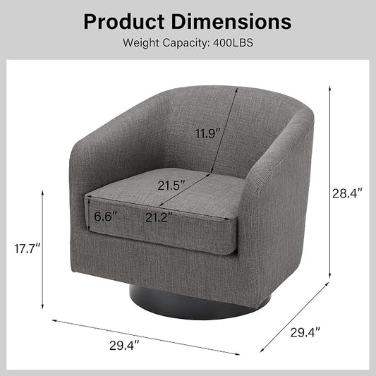 Swivel Barrel Accent Chair, Modern Round Linen Arm Chair for Living Room, Bedroom, Comfy Club Reading Chairs for Adults(Linen Fabric, Grey, Set of 1