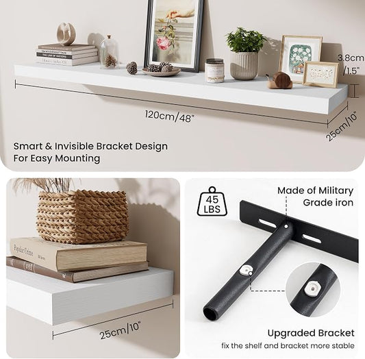 Fun Memories 55 Inch Fireplace Mantel Shelf, 10 Inch Deep Shelves for Display & Wall Storage, Rustic Wood Wall Shelf, Extra Long Floating Shelves for Living Room Laundry Room, White, Set of 1