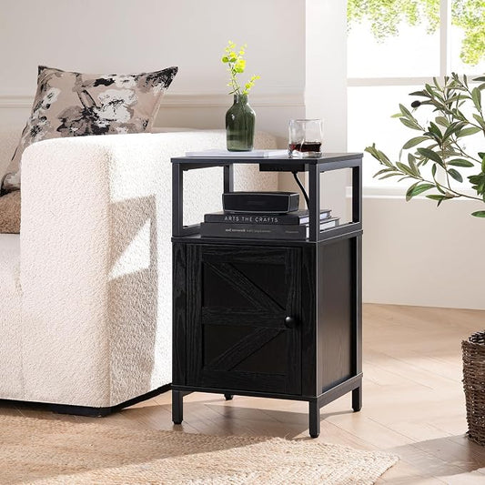 Yoobure Farmhouse NightStand with Charging Station,Wood Night Stand End with USB Ports, LED Bed Side Table with Storage Cabinet,Bedside Table for Bedroom, Living Room Black
