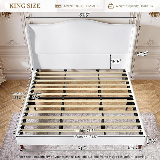 koorlian King Size Bed Frame with 51" Tall Headboard, Fully Upholstered Platform Bed Frame with with Soft Fabric, Sleigh Wingback, Solid Wood Retro Legs, Modern Minimalist Style, Easy Assembly, White