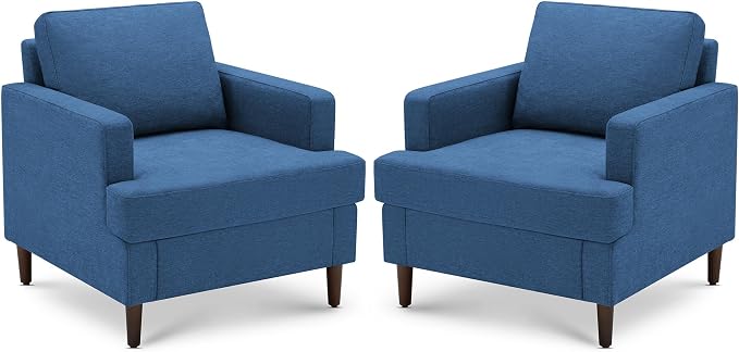 Weture Mid-Century Accent Chair,Modern Linen Fabric Armchair for Living Room,Comfy Upholstered Reading Accent Chairs for Bedroom,Single Sofa Chair with Wood Legs (Blue, 2 Pack)