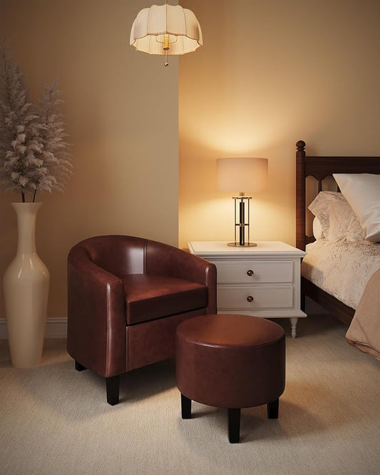 GarveeHome Accent Chair with Ottoman, Faux Leather Barrel Chair, Corner Chair with Stool, Mid-Century Upholstered Living Room Chairs, Brown