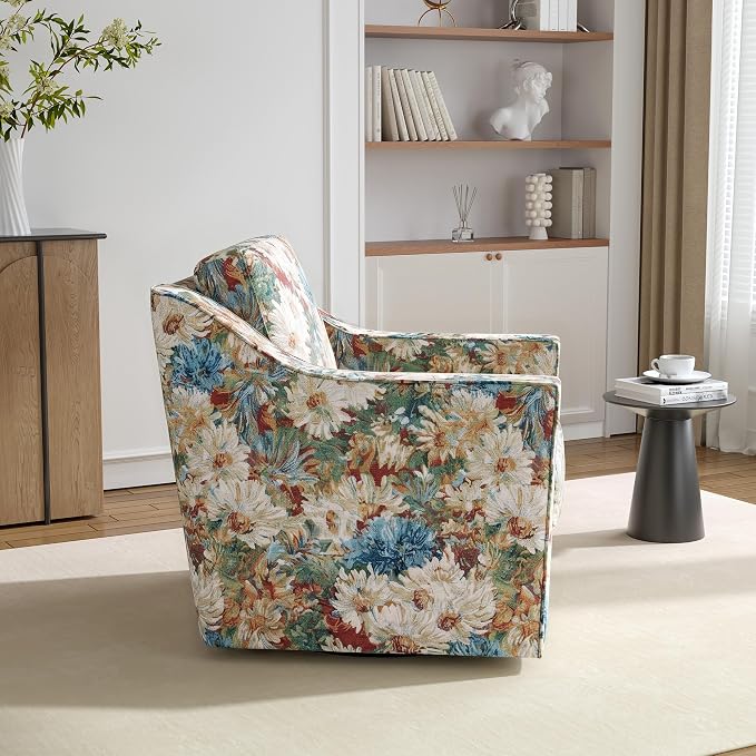 Swivel Accent Chair, 360° Swivel Upholstered Club Armchairs for Living Room, Comfy Fabric Single Sofa Reading Chair with Deep Seat, Metal Swivel Base, Orange Blooms