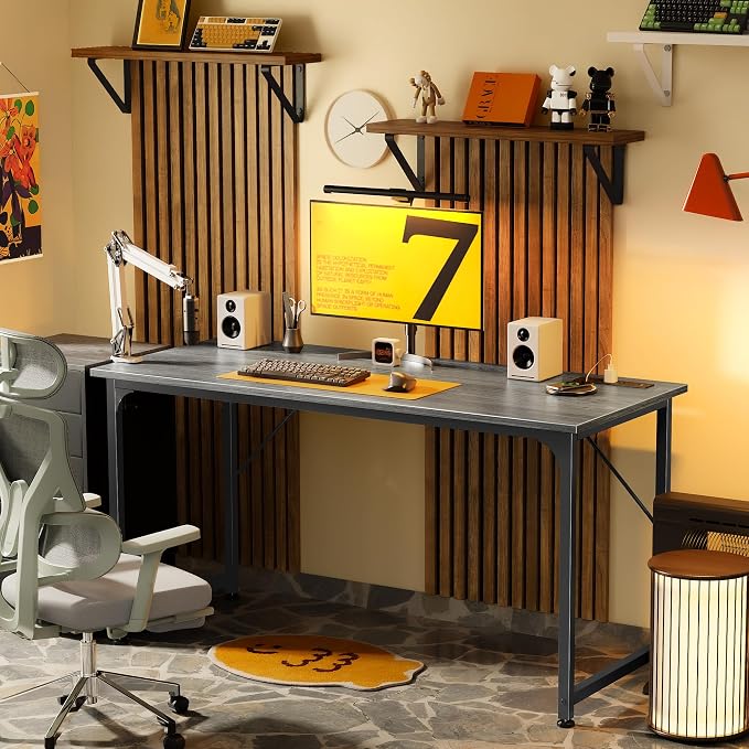 PRAISUN 55 X 20 Inch Office Computer Desk with Power Outlets and USB-C Port, Larger and Longer Gaming Desk, for Home Office, Study, Bedroom, Writing Work from Home Table, Metal Frame, Grey