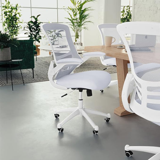 Flash Furniture Kelista Mid-Back Swivel Office Chair with Adjustable Lumbar Support and Seat Height, Ergonomic Mesh Desk Chair with Flip-Up Armrests, White
