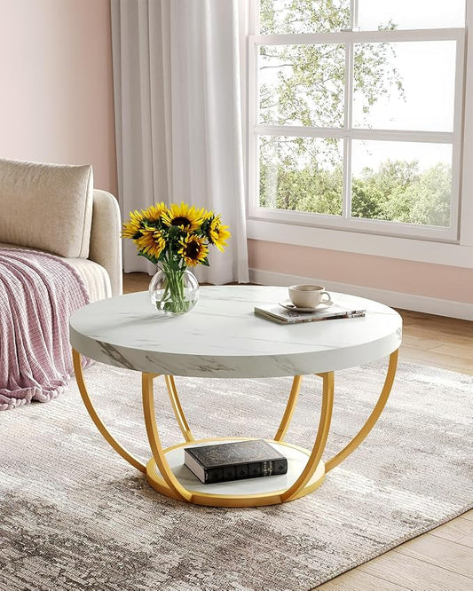 LITTLE TREE Round Coffee Table, 32" Circle Faux Marble Coffee Tables for Living Room, 2-Tier Golden Metal Legs Accent Center Table with Open Storage Modern Design Home Furniture (White and Gold)