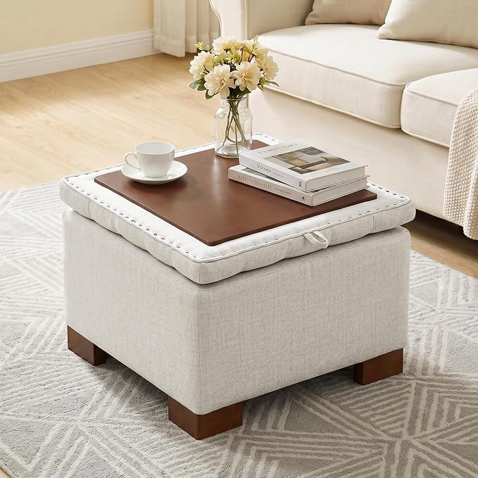 24 Inch Square Storage Ottoman Coffee Table, Modern Tufted Upholstered Ottoman with Flip Tray and Solid Wood Legs, Suitable for Living Rooms, Linen Beige