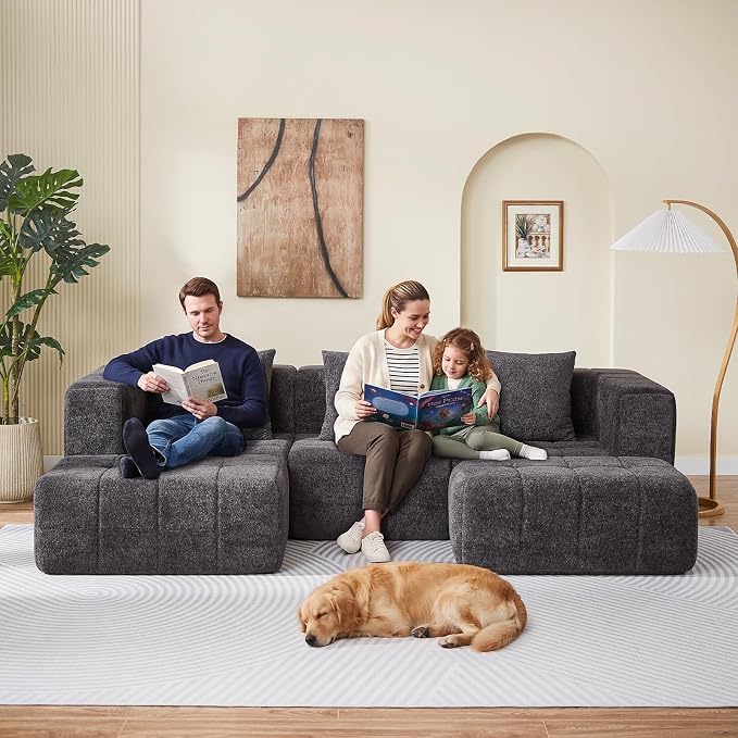 Modular Sectional Sofa with Deep Seat, 98'' Seater Boneless Cloud Couch No Assembly Required, Modern Plush Corduroy Cloud Couches for Living Room & Apartment (3 Seat w/ 2 Ottoman), Grey