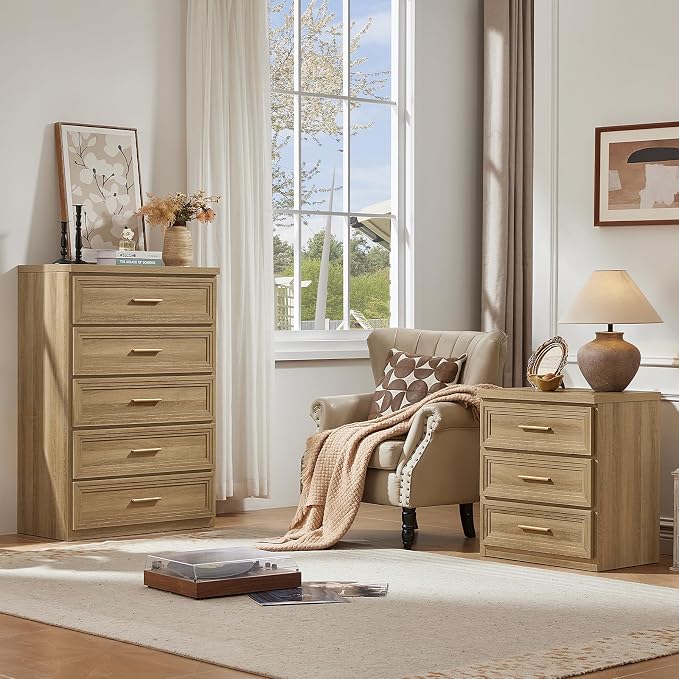 RWYHG Dresser Set for Bedroom with 5 Drawers 45" Tall Wood Closet Organizer with Metal Handle Furniture for Living Room Hallway Oak