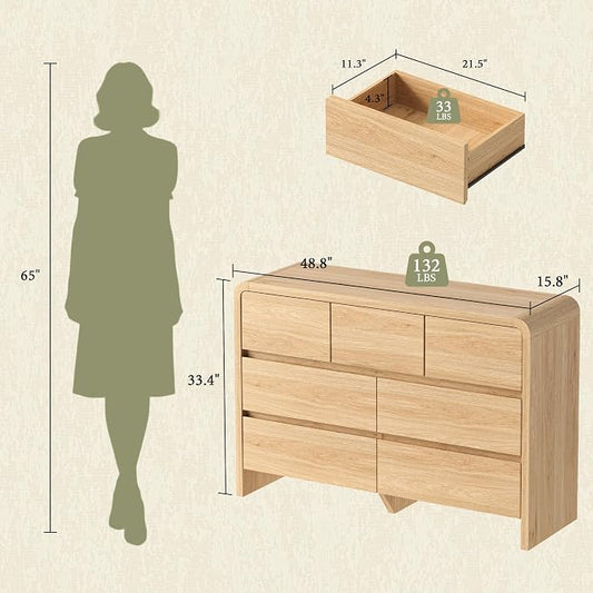 AMERLIFE 7 Drawer Dresser for Bedroom, 49" Wide Modern Chest of Storage Drawers with Rounded Corners, Anti-Tip Kit, Wood Cabinet Organizer for Closet, Living Room, Nursery, Easy Assembly, Light Oak
