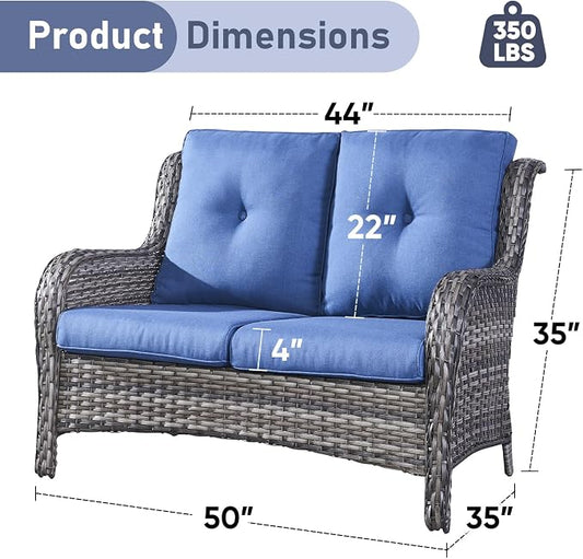 Outdoor Loveseat Sofa-2 Seater Rattan Wicker Patio Couch High Back Patio Sofa for Porch Deck Backyard-Grey/Blue