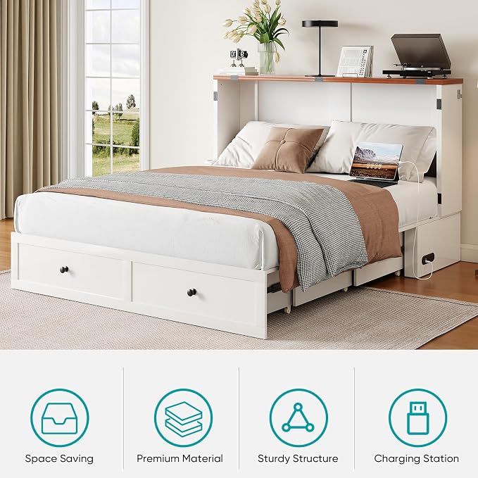 BALUS Full Size Murphy Bed with Mattress Included, 57" W Cabinet Bed with Mattress & USB Charging Station & Storage Drawer, Full Murphy Cabinet Beds for Living Room, Apartment, Bedroom, White