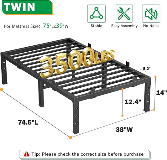14 Inch Twin Bed Frames, Heavy Duty Metal Platform 3500 lbs Capacity, No Box Spring Needed, 6 Mattress Slide Stopper, Headboard Holes, Noise-Free, Easy Assembly