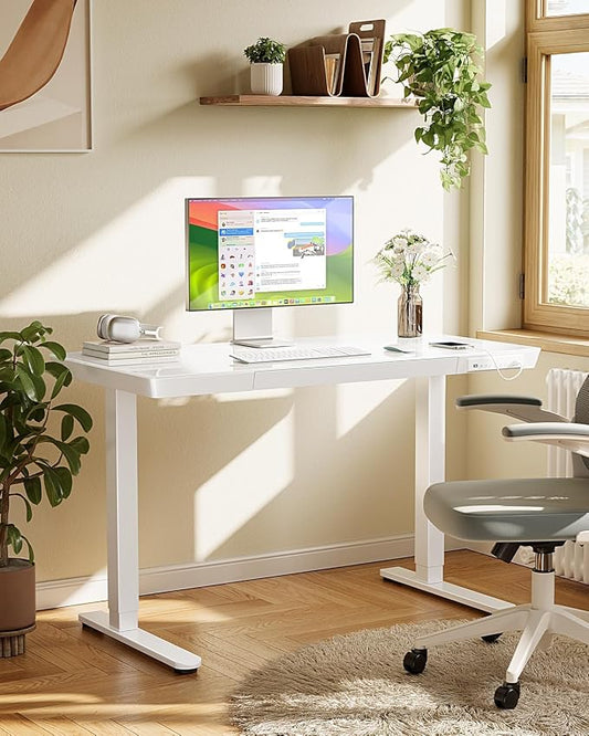 Marsail Glass Standing Desk with Drawer, 47.24 inch Electric Standing Desk, Height Adjustable Desk with One-Piece Tabletop & USB Charging Ports, Sit Stand Desk with Storage for Home & Office White