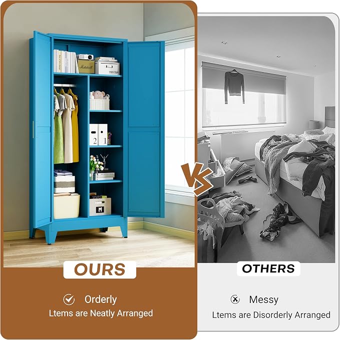 Metal Armoire Wardrobe Closet, 71" Steel Clothing Storage Cabinet with 2 Doors, Hanging Rod & Shelves, Bedroom Armoire Closet, Blue Wardrobe Cabinets for Bedroom
