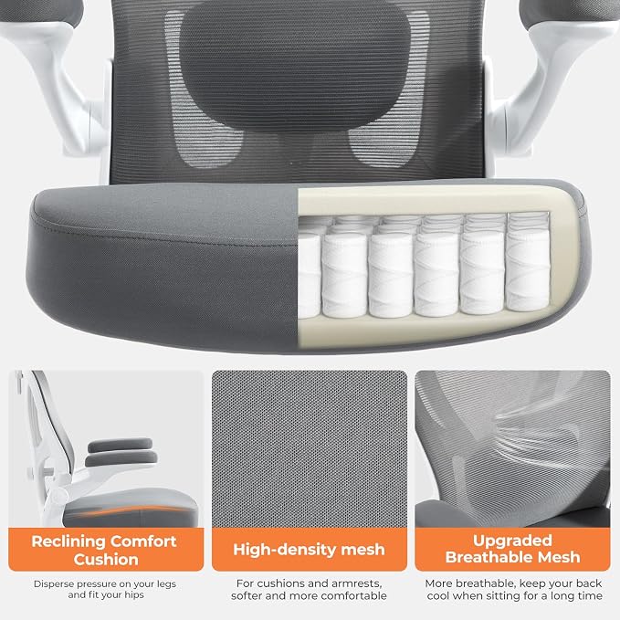 Office Chair Ergonomic Office Chair with Lumbar Support, Head Support, Rocking Function, Flip-up Armrests, Mesh High Back Chair Home Office Desk Chair, Suitable for Home Office, Grey, 1 Pk