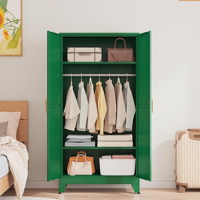 71 "Metal Armoire Wardrobe Closet, Steel Clothing Storage Cabinet with Adjustable Shelves and Hanging Rod, Household Steel Wardrobes Storage Cabinet with Adjustable standing feet (Wardrobe-Green)