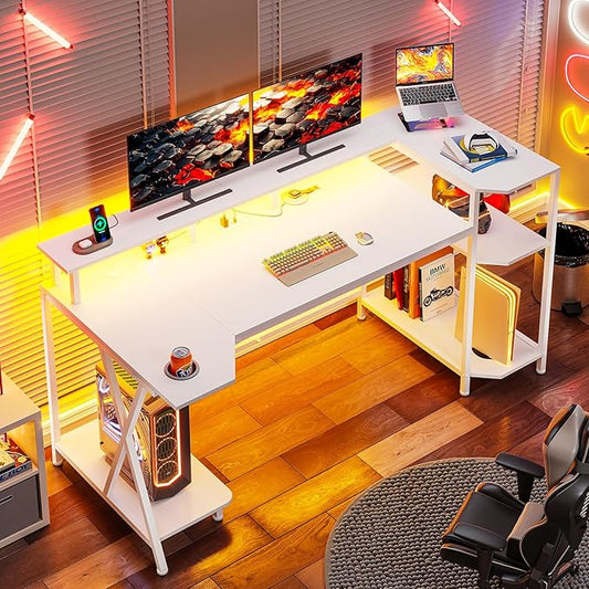 SEDETA White Gaming Desk 55'' with LED Lights and Storage Shelves, Computer Desk with Monitor Stand, Power Outlets and Cup Holder, Large PC Gamer Desk, Gaming Table for Bedroom, Living Room