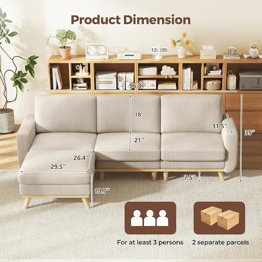 L-Shaped Sectional Sofa, 3-Seater Convertible Couch with Ottoman, FSC Certified Solid Wood Frame, Spring Cushions, Curved Armrests, Comfort Corduroy Sofa for Living Room, Apartment, Office, Light Gray