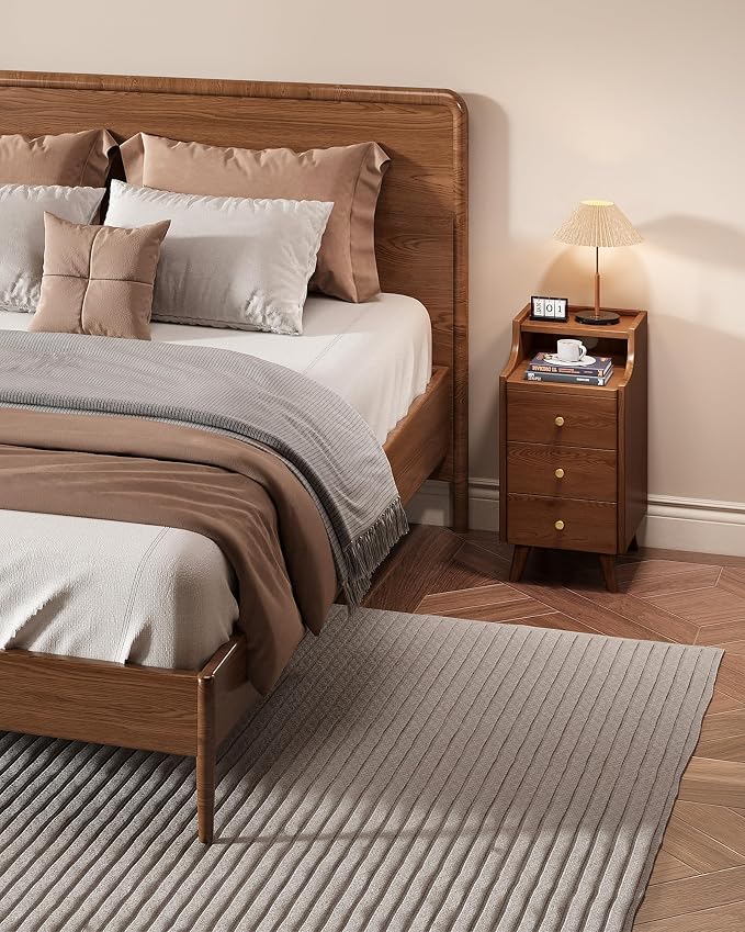Narrow Nightstand with Drawers, 11.8" Solid Wood Nightstand with Open Shelf & Cable Hole, Modern Night Stand Slim Bedside Table for Small Spaces, Bedroom, Study