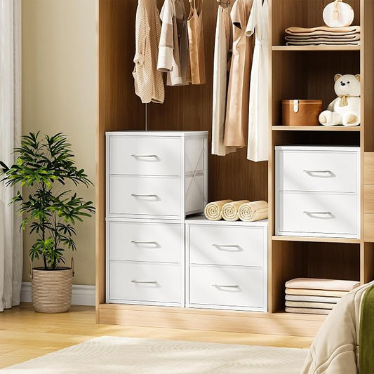 CHOEZON Stackable Storage Drawers for Closet, 2 Drawer Dresser with Wooden Top, Fabric Clothes Organizers with Metal Handles, Closet Organizer with 2 Drawers for Bedroom, Living Room, White TCW30WB