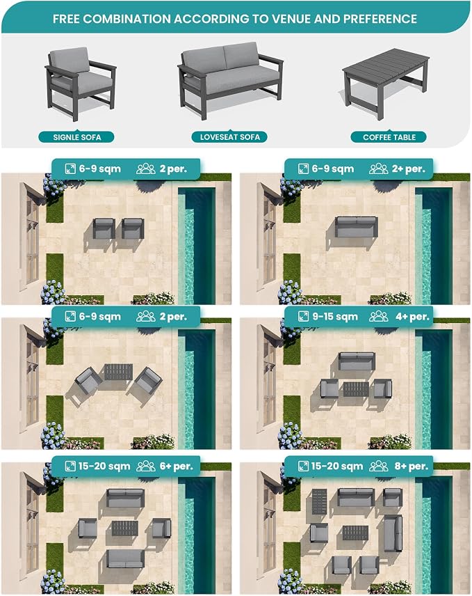 SERWALL 2 Pieces Single Cushioned Sofa Armchair, Grey HDPE Adirondack Outdoor Sofa Lounge with Grey Cushion