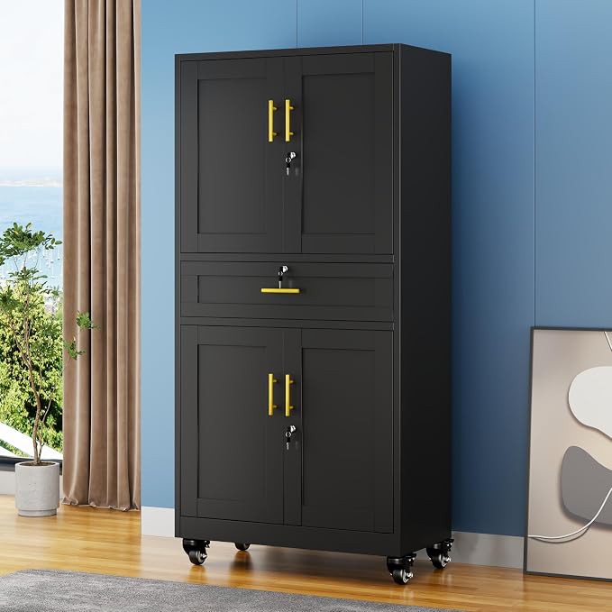 GAIOUS 71” Tall Metal Garage Storage Cabinet with Wheels and Drawer, Steel File Cabinet for Home Office, Tool Cabinet with 4 Locking Doors and 3 Adjustable Shelves, Rolling Cabinet for Garage-Black