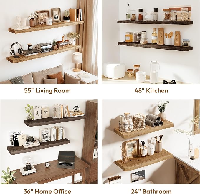 Vivelove Live Edge Floating Shelves Solid Wood, 48 Inch Set of 1, Elm Shelves for Wall with Invisible Bracket for Living Room Bedroom Bathroom Office Book, Rustic Farmhouse Wooden Shelf - Natural