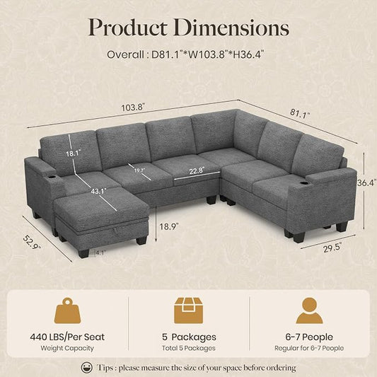 Belffin Chenille Modular Sectional Sofa Convertible L Shaped Corner Couches for Living Room with Storage Armrest with Cup Holder Light Grey Couch