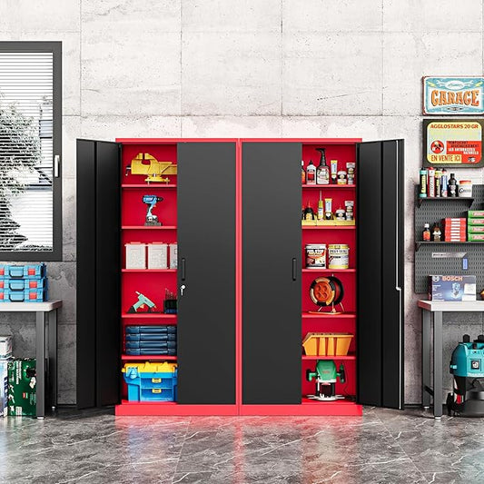 Fesbos Metal Storage Cabinet-71” Tall Steel File Cabinets with Lockable Doors and Adjustable Shelves-Black&Red Steel Storage Cabinet for Home, School, Office, Garage