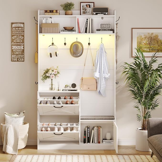 Maupvit Narrow Hall Tree with Shoes Storage, Entryway Bench with Coat Rack and Led Lights, 78" Tall Hall Tree with 9 Coat Hooks, 2 Shoe Storage Cubbies & Umbrella Hooks for Mudroom, Hallway