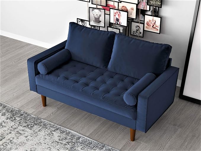 Container Furniture Direct Womble 58 Inch Velvet Loveseat Sofa with Elegant Button Tufted Upholstery, Square Arms, Splayed Wood Legs, Includes Matching Bolster Pillows, Misty Blue