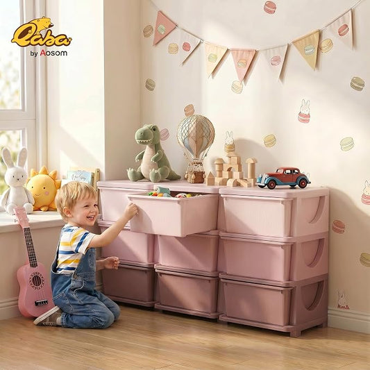 Qaba 3 Tier Kids Storage Unit, Toy Organizers and Storage with 9 Drawer Chest for Kids Bedroom Nursery Kindergarten Living Room for Boys Girls Toddlers, Pink