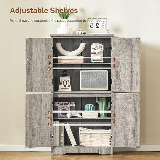 TEENFON Farmhouse Storage Cabinet with 2 Adjustable Shelves, Bathroom Cabinet with 4 Doors, Cupboard for Kitchen, Living Room, Rustic Gray