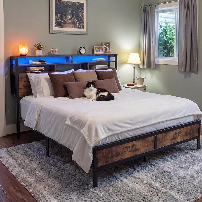 Homkdom King Bed Frame with 3-Tier Storage Headboard & 4 Fabric Drawers, Metal Platform Bed Frame with LED Light & Charging Station,Noise-Free,No Box Spring Needed,Easy Assembly,Rustic Brown