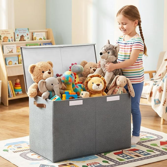 Bagnizer Large Toy Storage Box with Lids, Collapsible Sturdy Baby Storage Organizer Chest Bin Basket for Kids, Boys, Girls, Playroom, Nursery, Bedroom, Closet 25"x13"x16" (Gray)