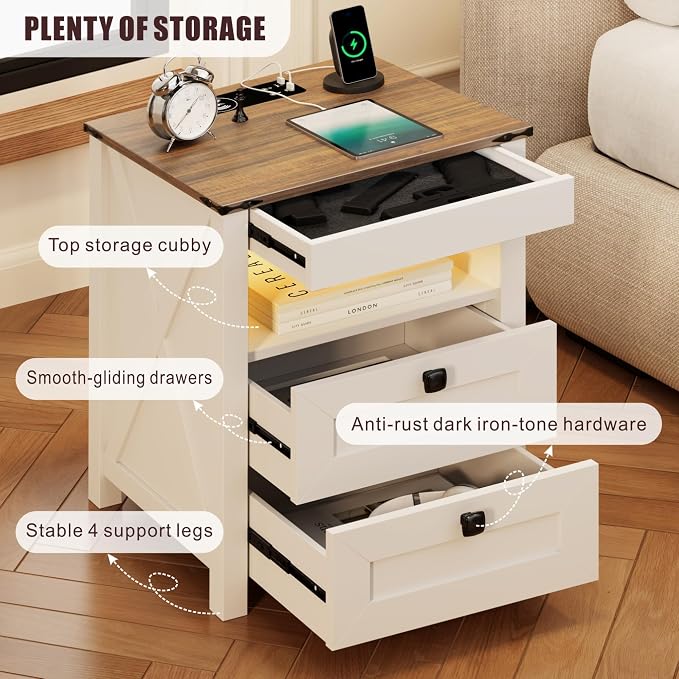 TAGELIER Night Stand Set 2 with Gun Drawer, Farmhouse Bedside Table with Charging Station, Gun Nightstand with LED Light & Human Sensor, Smart End Table for Bedroom, Antique White